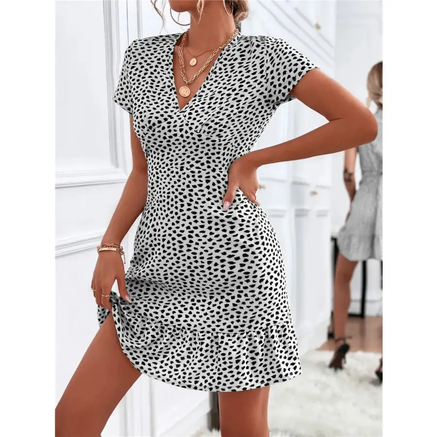 Ruffled Hem V-Neck Short Sleeve Mini Dress