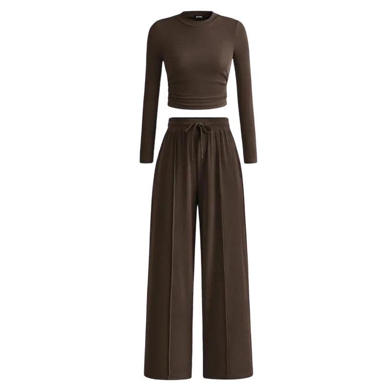 Long-Sleeve Top and Wide-Leg Pants Casual Homewear Set