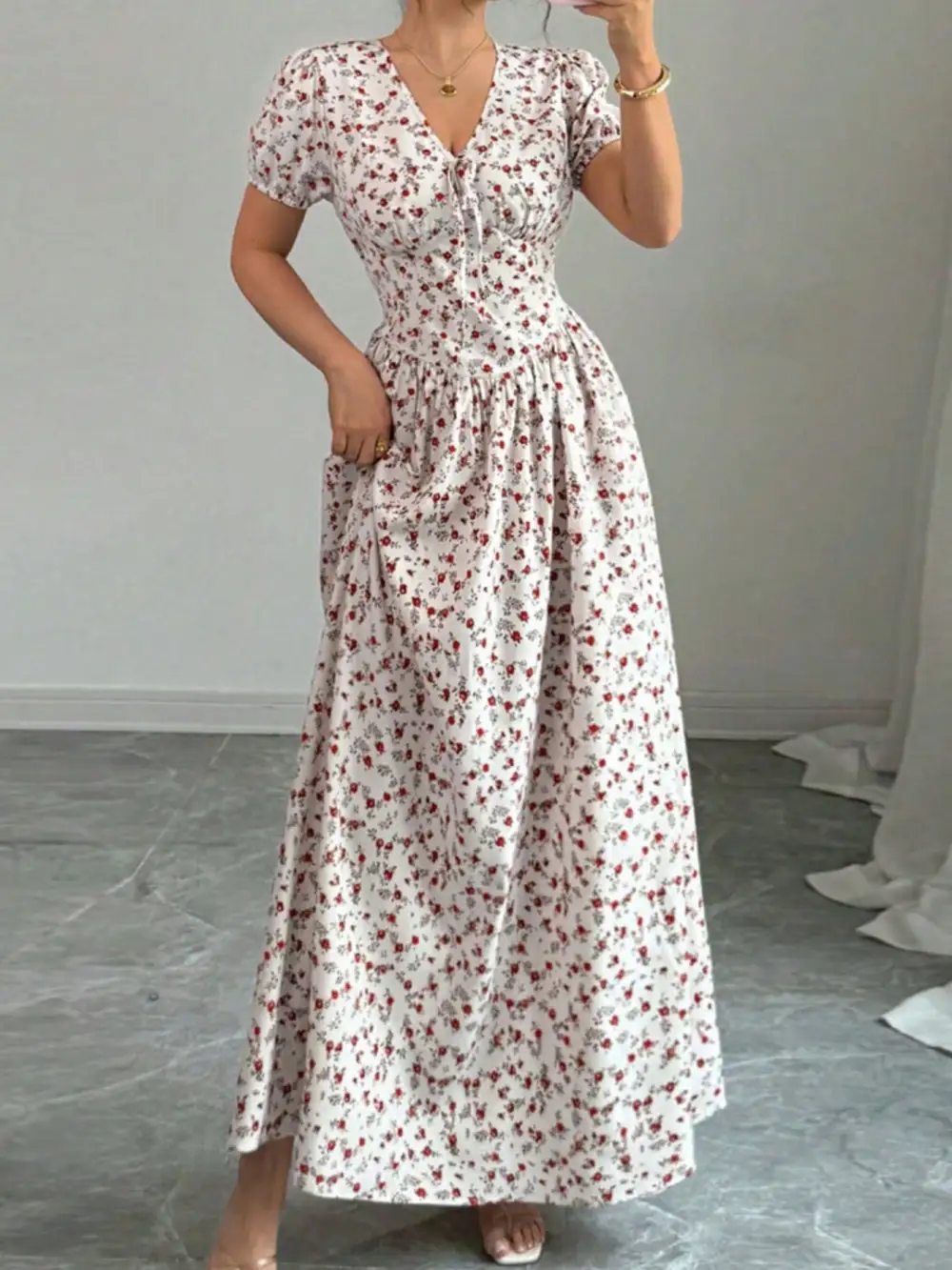 Finish Floral Printed V Neck Maxi Dress