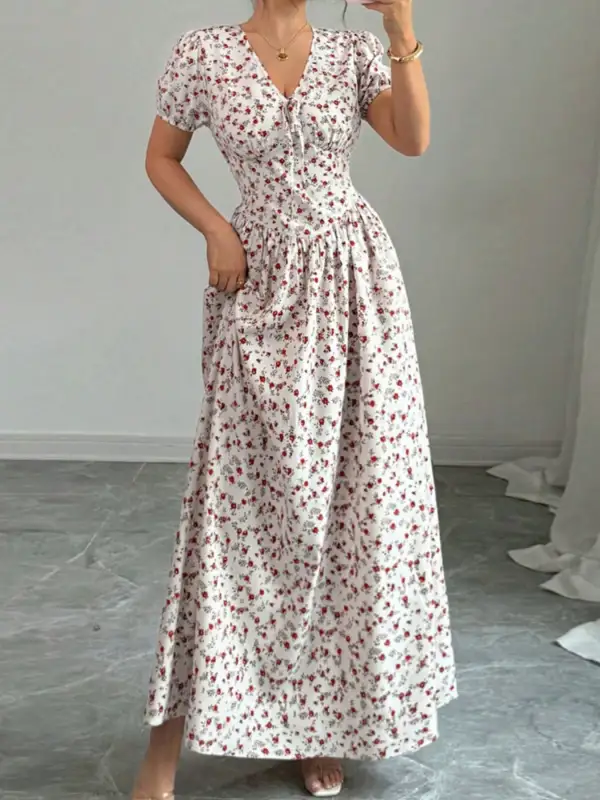 Finish Floral Printed V Neck Maxi Dress