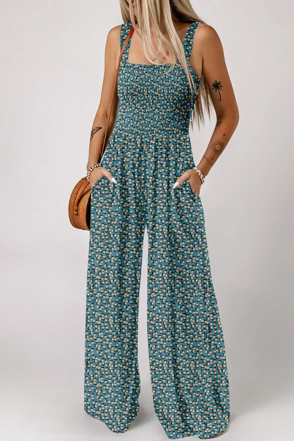 Floral Print Smocked High Waist Square Jumpsuit