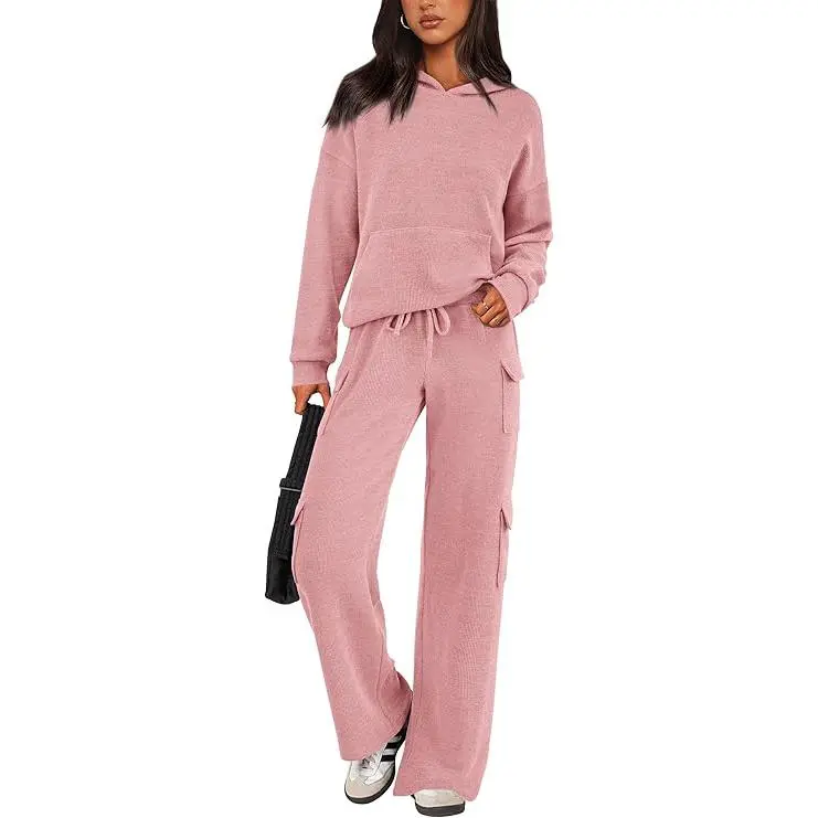 Womens Fall Outfit 2-Piece Knitted Sets Hoodie Tracksuits Wide Leg Pants With Pocket