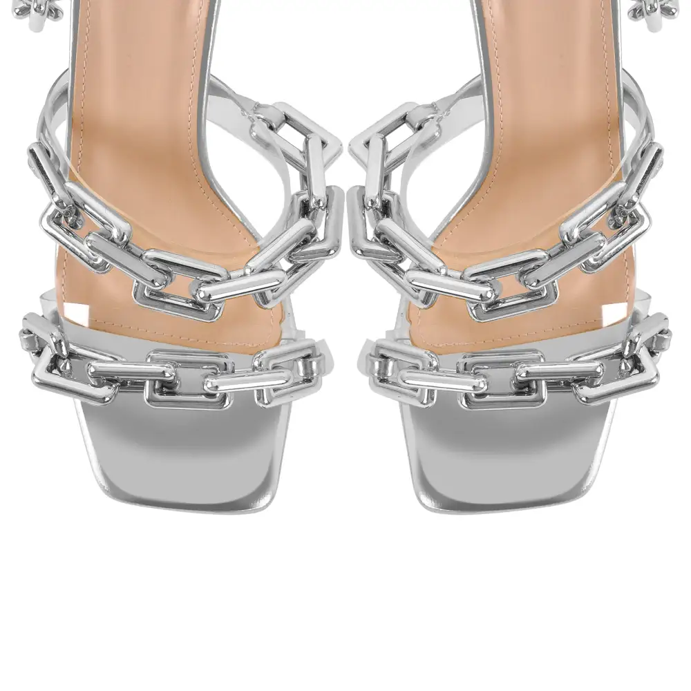 Square Toe Metal Chain Lace Up Stiletto Sandals