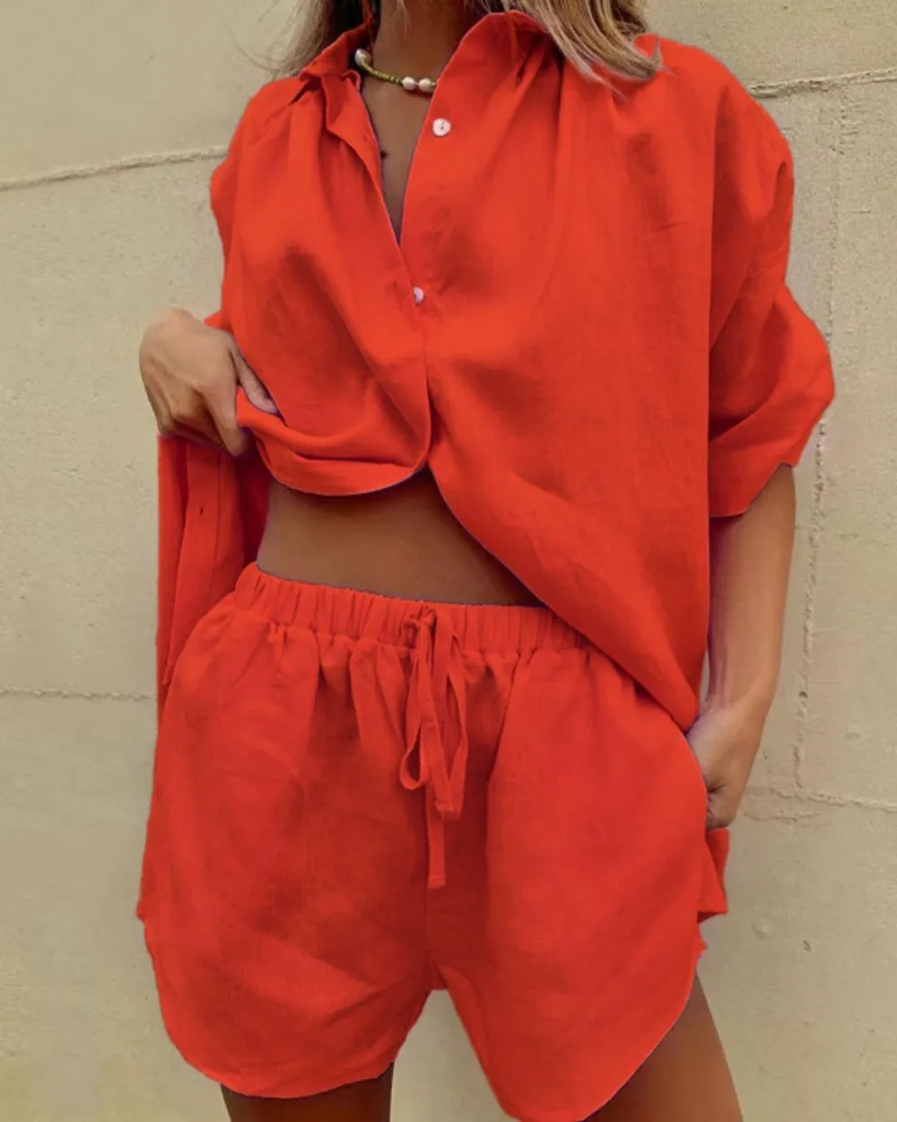 Casual V-Neck Shirt and Shorts Two-Piece Set