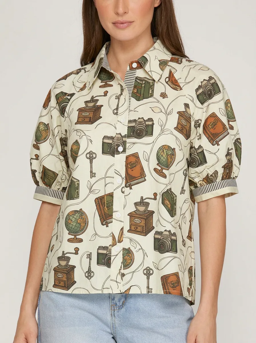 Women's Vintage Hobbyist Camera Globe Book Printed Shirt