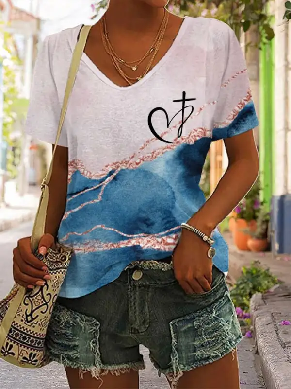 Women's Faith Print Casual V-Neck T-Shirt