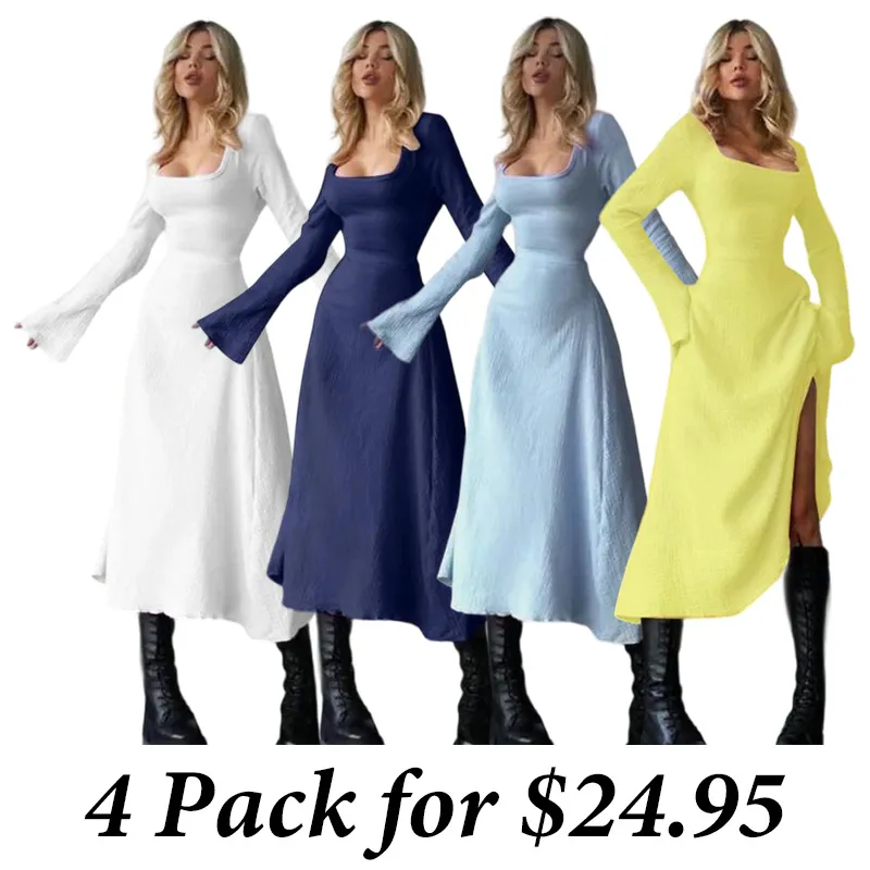 4PACK-Lace Up Tie Back Flounce Sleeve Dress