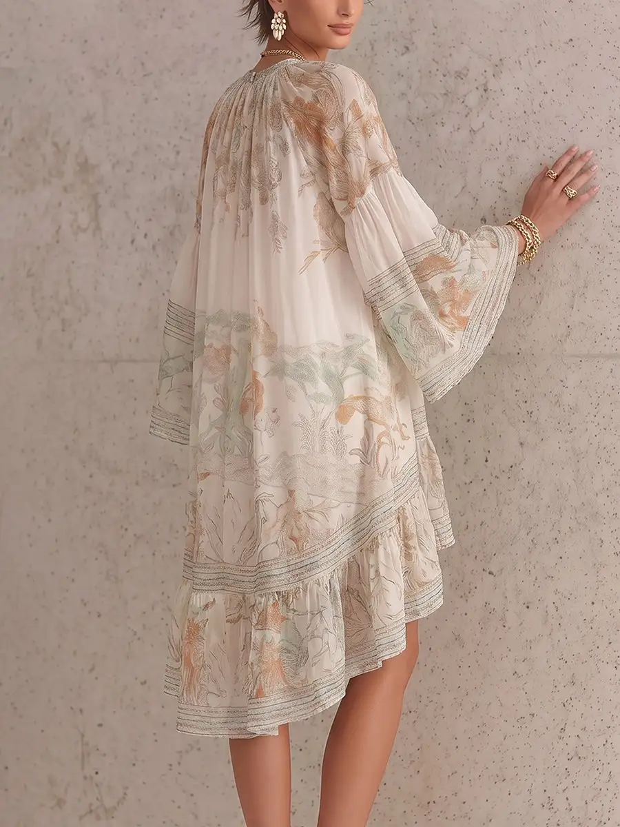 Flared Sleeve High Low Flower Print Pleated Mock Neck Mini Dress