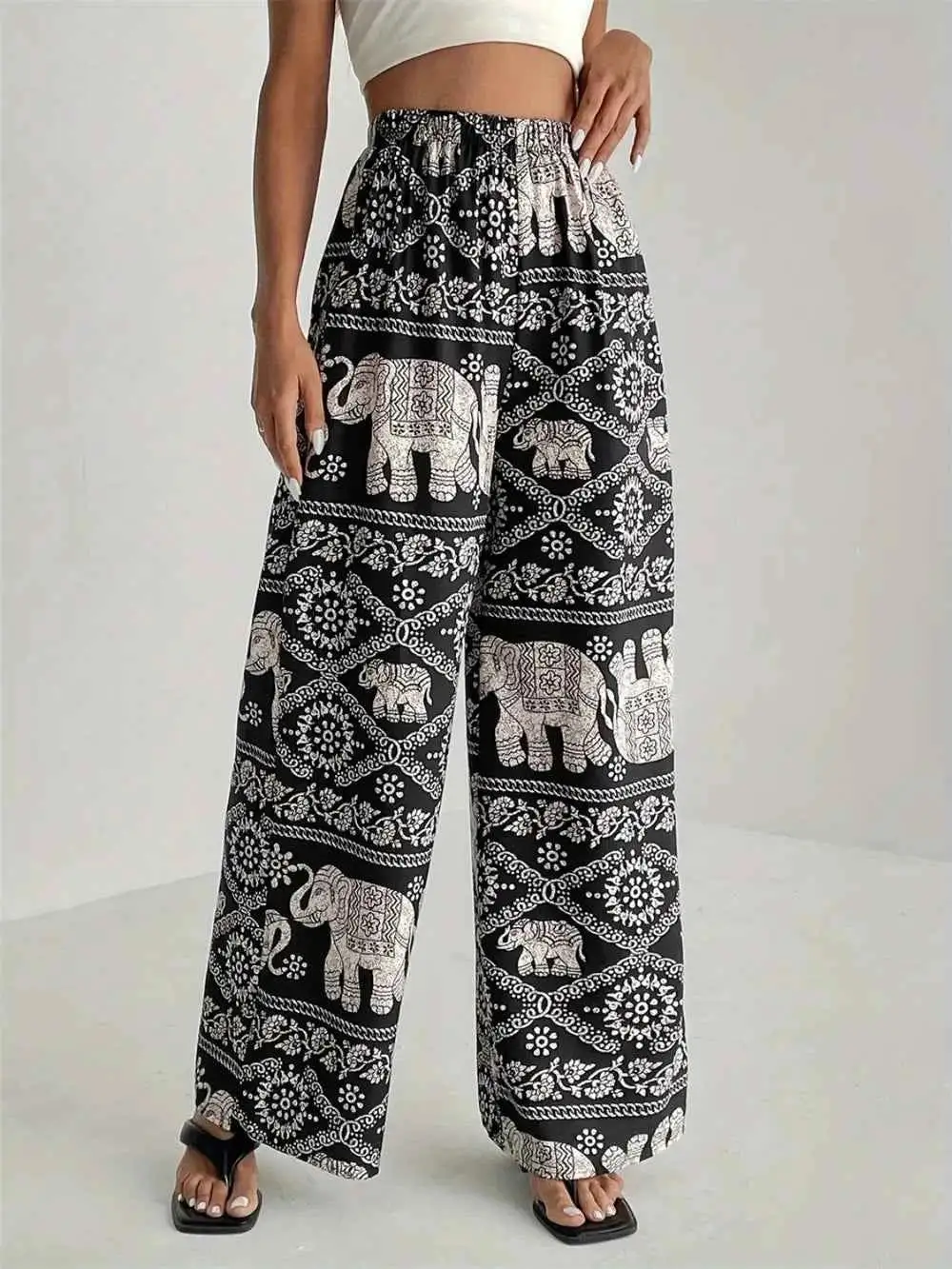 Boho Printed Wide Leg Elastic Waist Pants