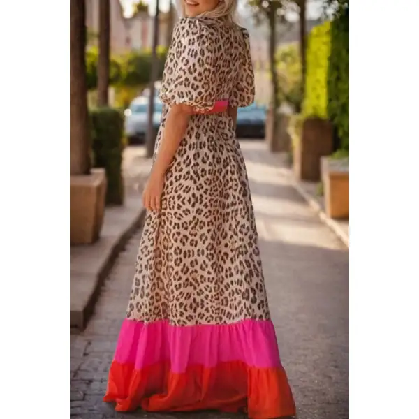 Full Size Leopard V Neck Half Sleeve Maxi Dress