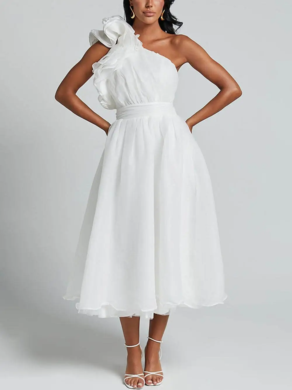 Romantic Seaside One Shoulder Frill Detail Midi Dress