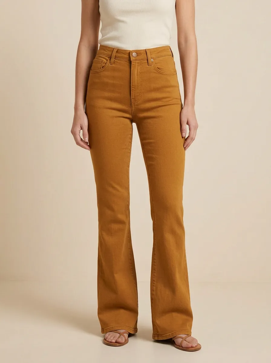 Women's High-Waisted Flare Denim High-Rise Waist Button Jeans