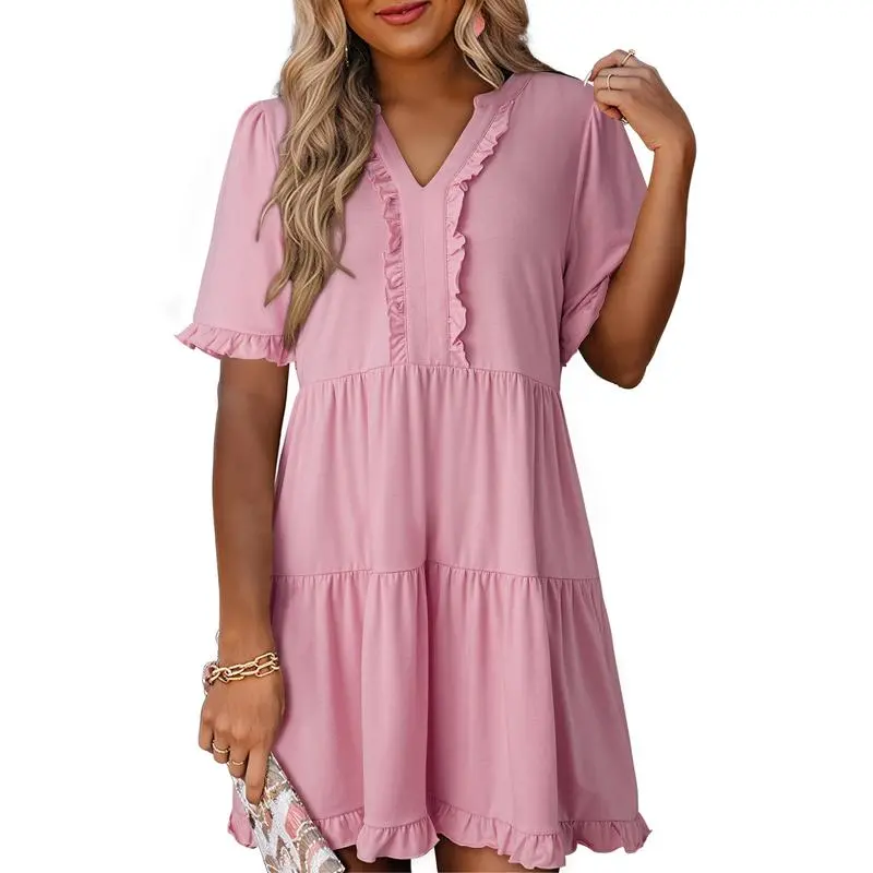Womens Dresses 2025 Summer Spring V Neck Ruffle Short Sleeve Casual A-Line Flowy Swing Shift Dress Mini Dress