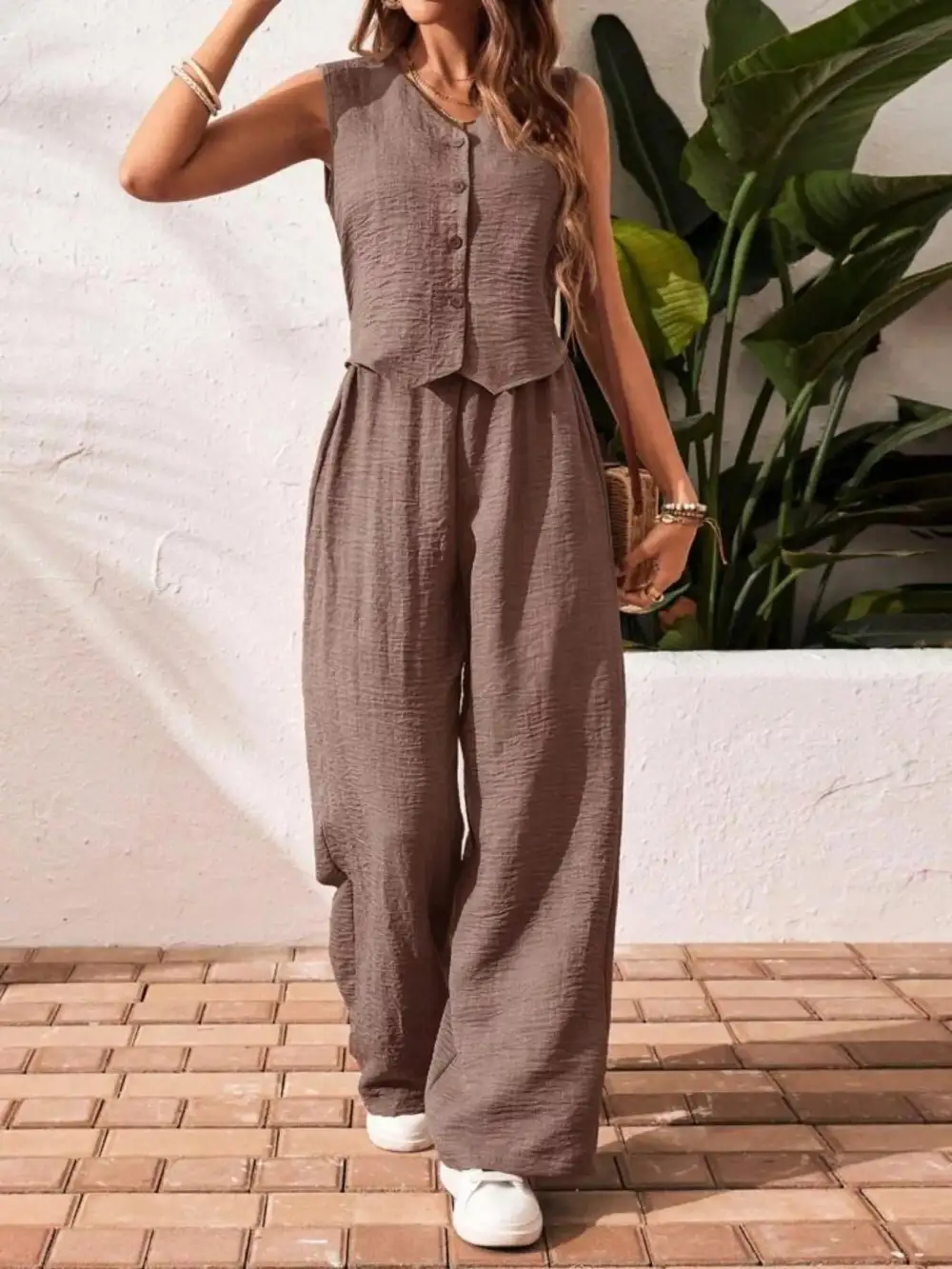 Button Down Vest & Wide Leg Pants Set