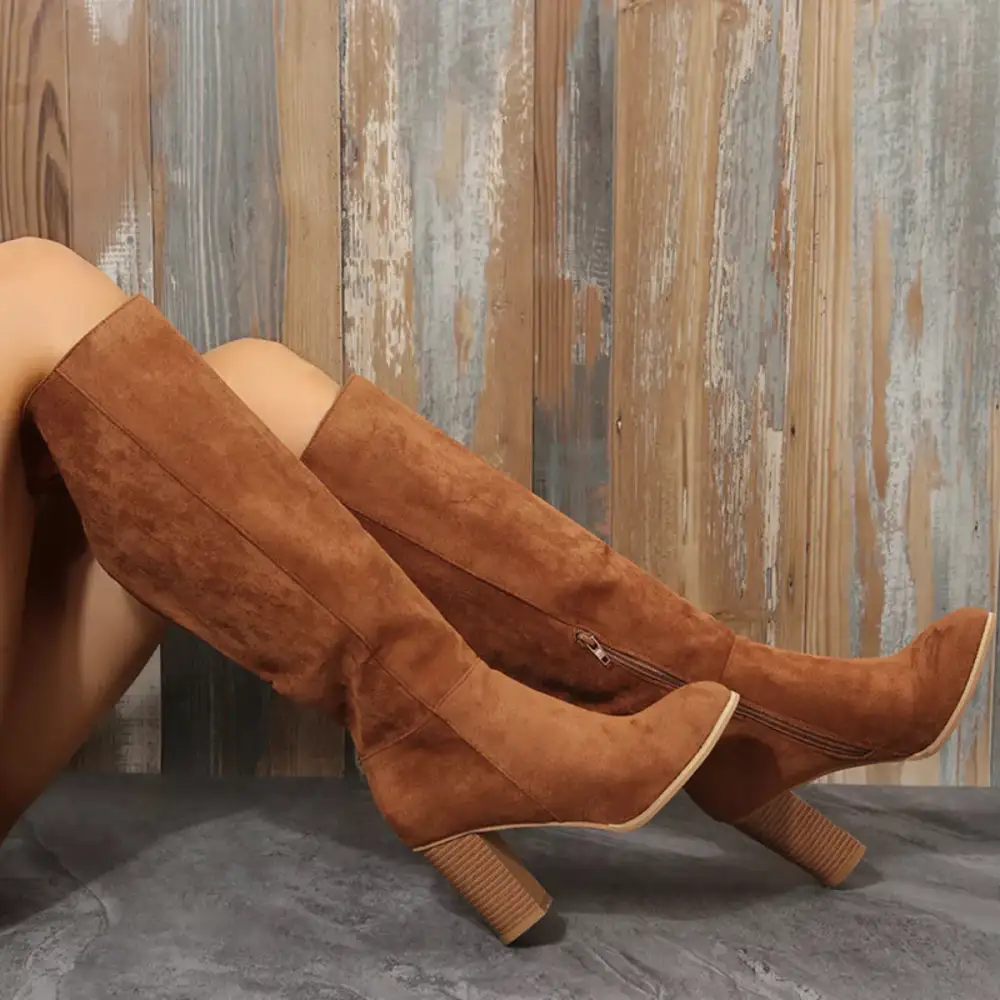 Knit Street Point Toe Block Heels Boots