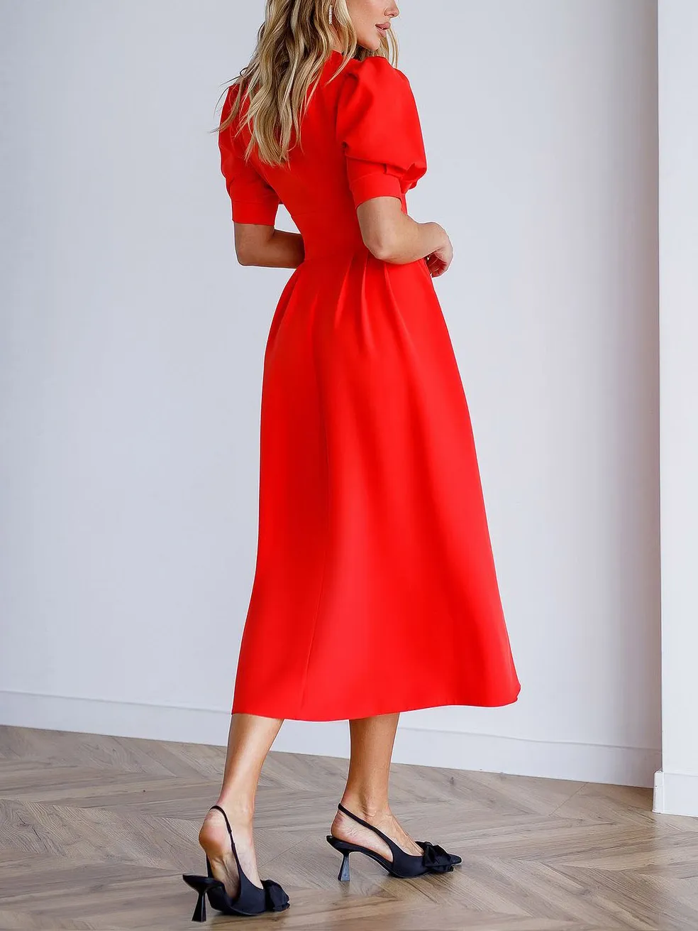Elegant V Neck Puff Short Sleeve Midi Dress