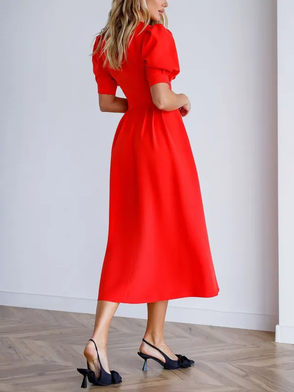 Elegant V Neck Puff Short Sleeve Midi Dress
