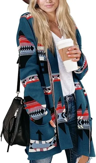 🧶 Women Boho Cardigan Aztec Open Front Long Sleeve Shawl Collar Sweater Coat✨ Effortlessly Boho. Warmth Meets Free Spirit.