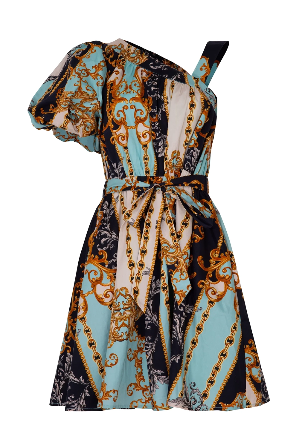 Colorful Print Puff - Sleeve Mini Dress