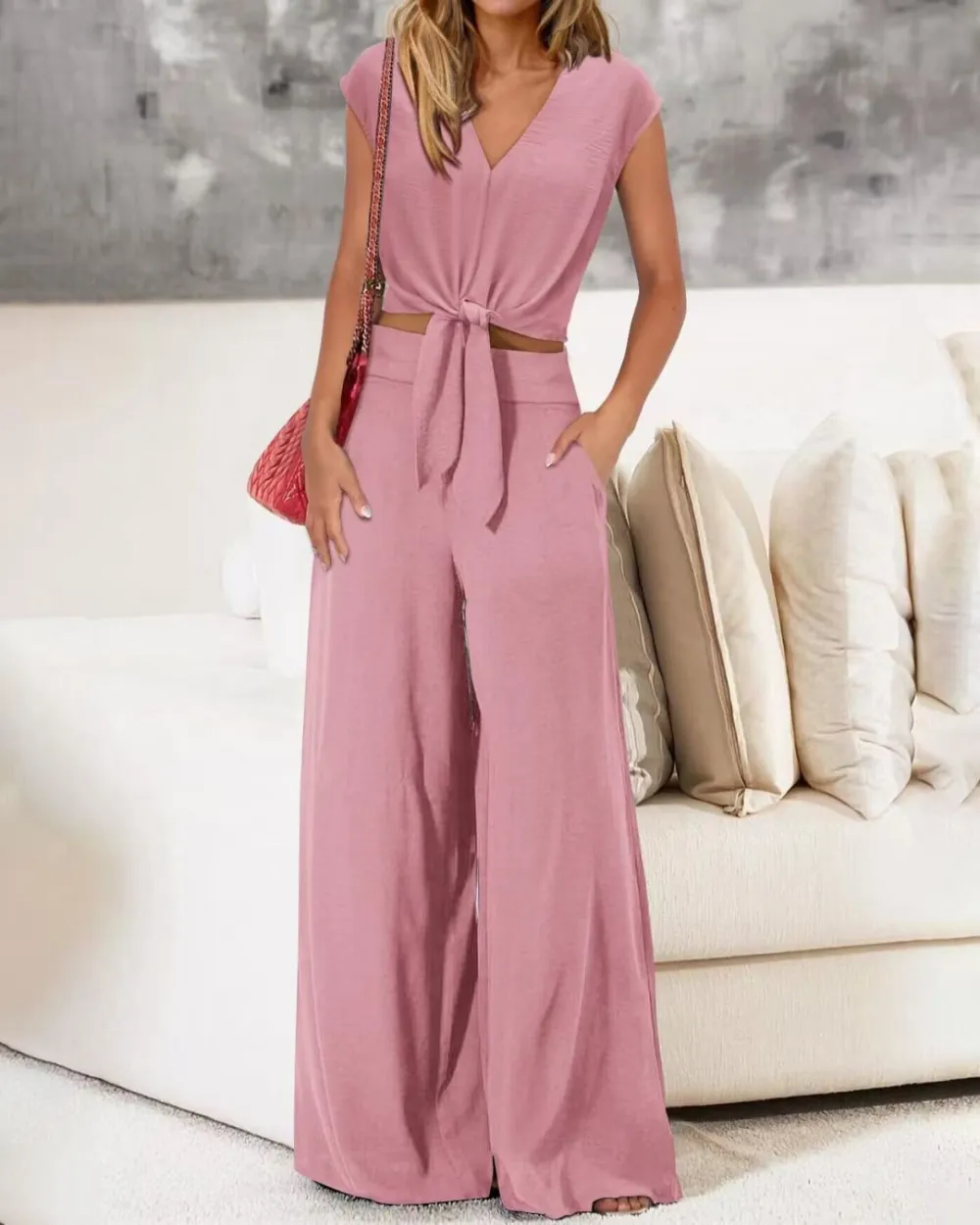 Belted V-Neck Crop Top and Wide-Leg Pants Two-Piece Set
