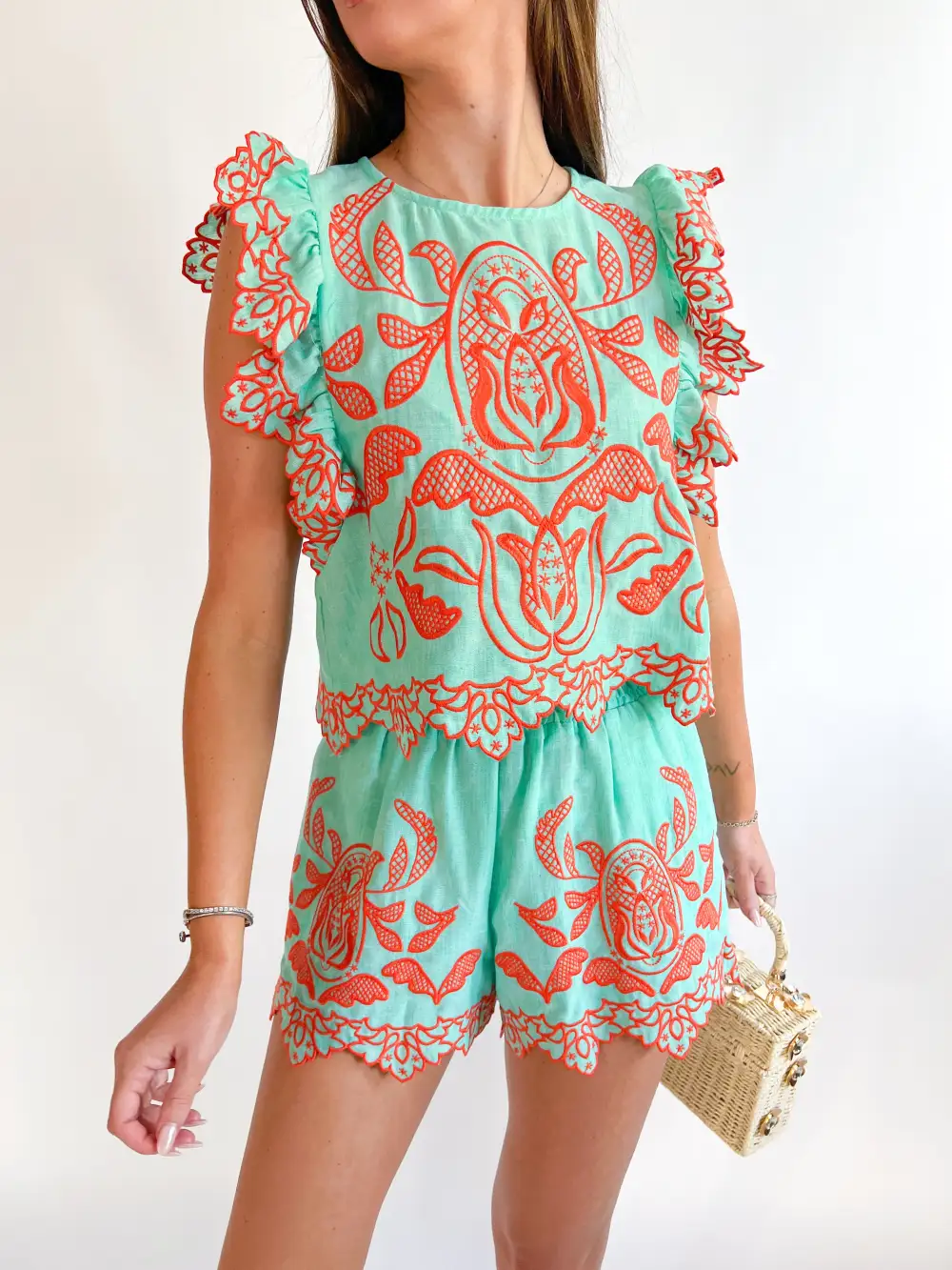 Textured Embroidered Top Button Detail