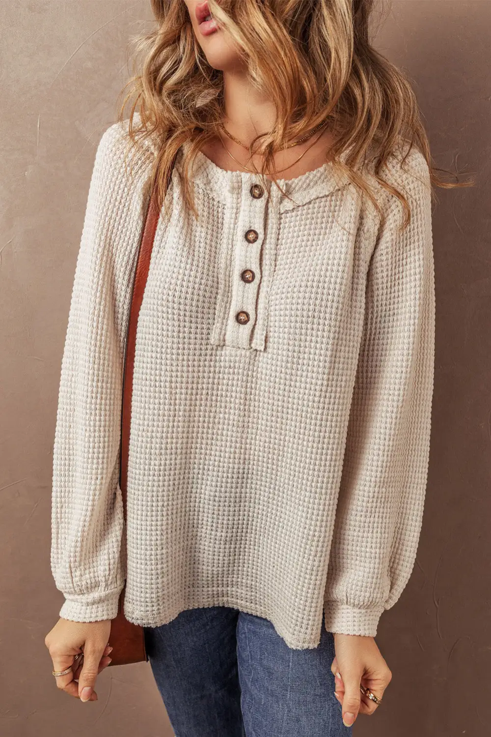 Waffle Knit Buttoned Front Raglan Sleeve Loose Blouse