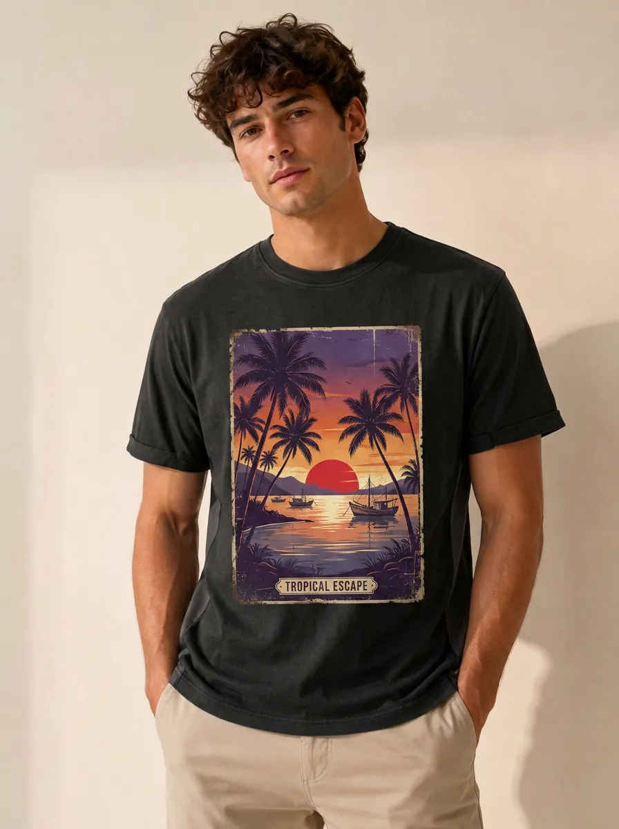 Men's Tropical Escape Sunset Palm Tree Printed T-shirt