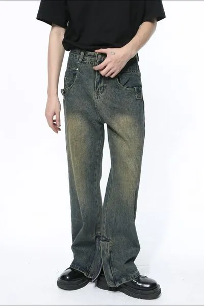 Washed Side-Slit Pocketed Stretch Straight Leg Jeans