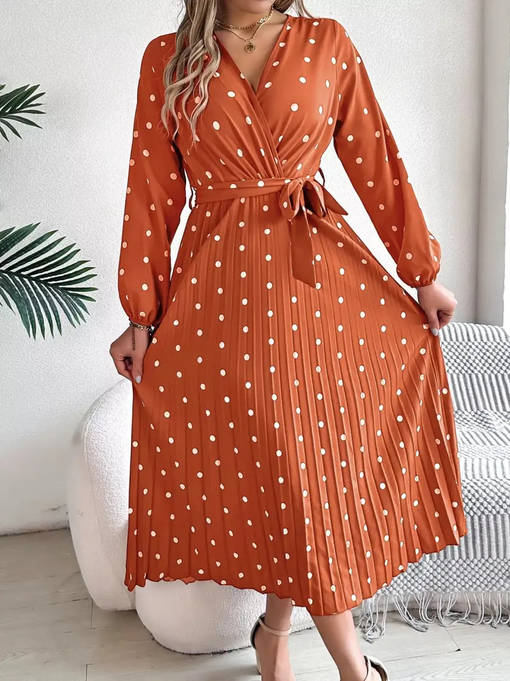 Polka Dot Pleated Midi Dress