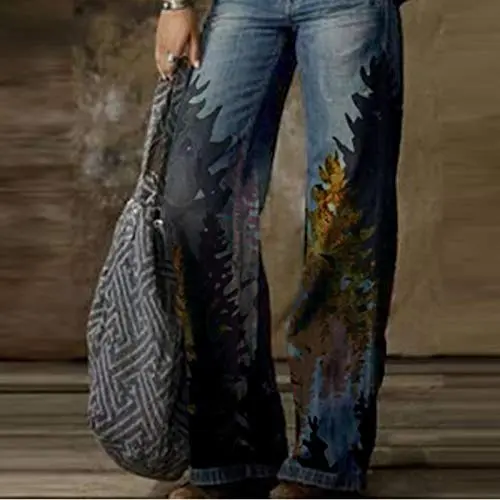 Wide Leg Denim Pants for Women, Camouflage Plaid Patchwork Print Streetwear Casual Comfort Straight Jeans Trouser