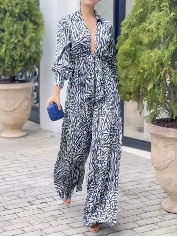 Losse Pofmouwen Geplooide Jumpsuits Met Split En Diepe