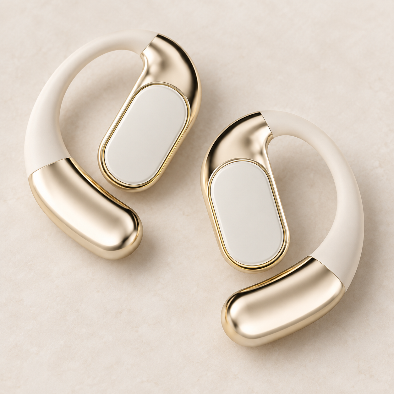 Close-up of the white earbuds touch panels and curved hooks