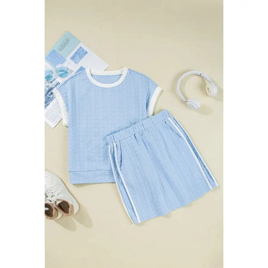 Contrast Trim Textured Crewneck Tee and Pocketed Skirt Set