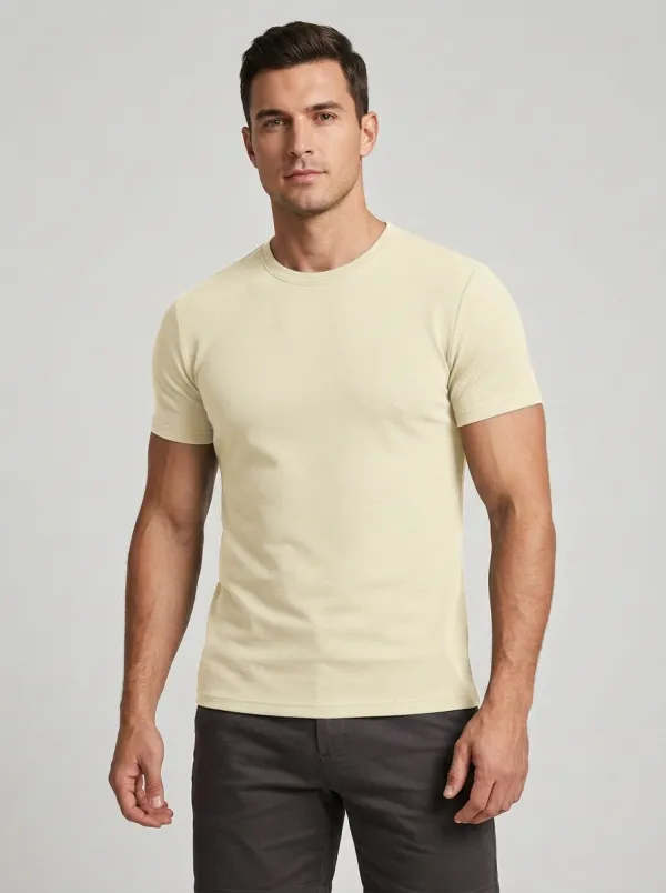 Classic Ribbed Textured Crew Neck Clean Look Men's Slim Fit Short Sleeve T-Shirt