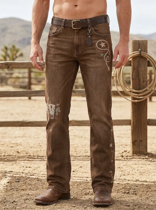 Men's Western Cowboy Lasso Star Skull Jeans
