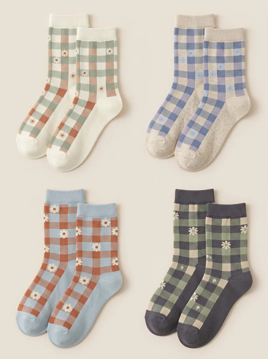 Women's Gingham Floral Embroidered Ribbed Crew Socks Four Pair Set