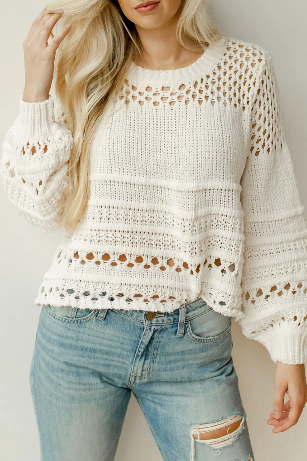 Solid Pointelle Knit Puff Sleeve Sweater