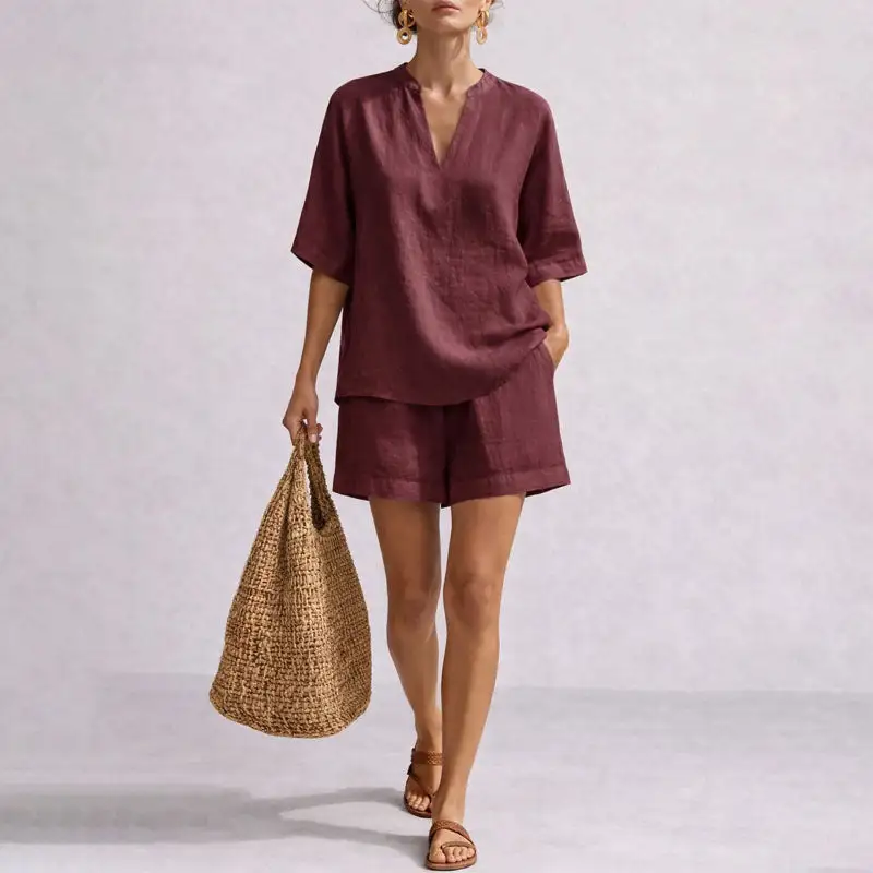 Women's Notch Neck Loose Fit Two-Piece Summer Set