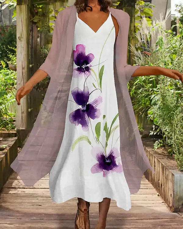 Half Sleeve Printed Round Neck Casual Sexy Fake Two Piece Dress