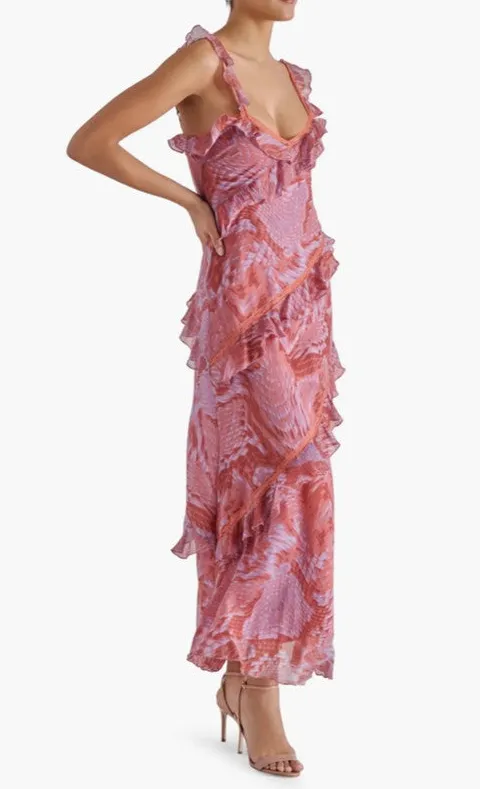 Pink Ruffle Hem Sweetheart Maxi Dress