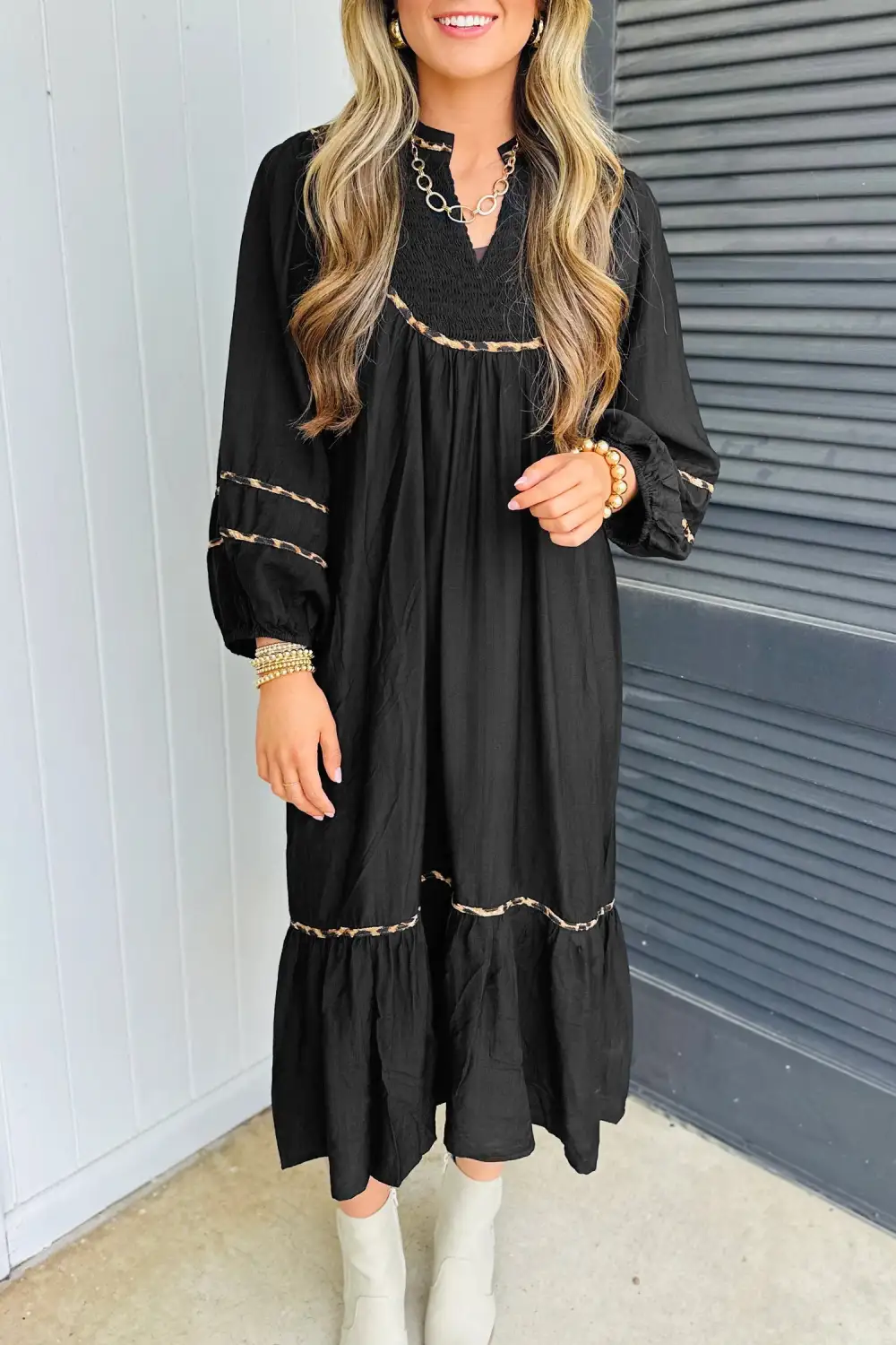 Leopard Print Long Sleeve Side Slit Contrast Trim Midi Dress