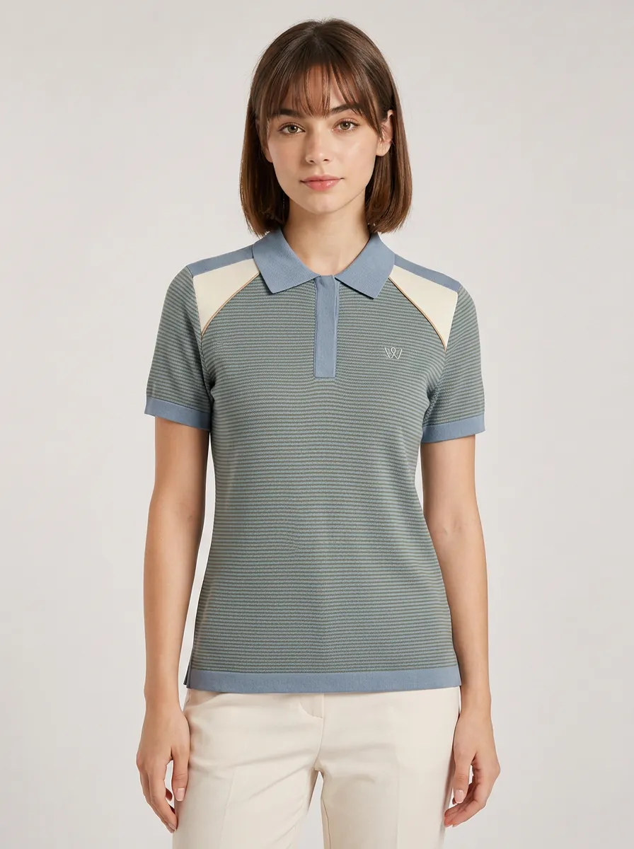 Women's Casual Striped Colorblock Embroidered Polo Shirt