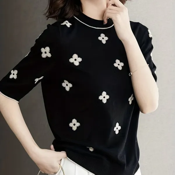 Day Floral Print Knit Sweater Casual Crew
