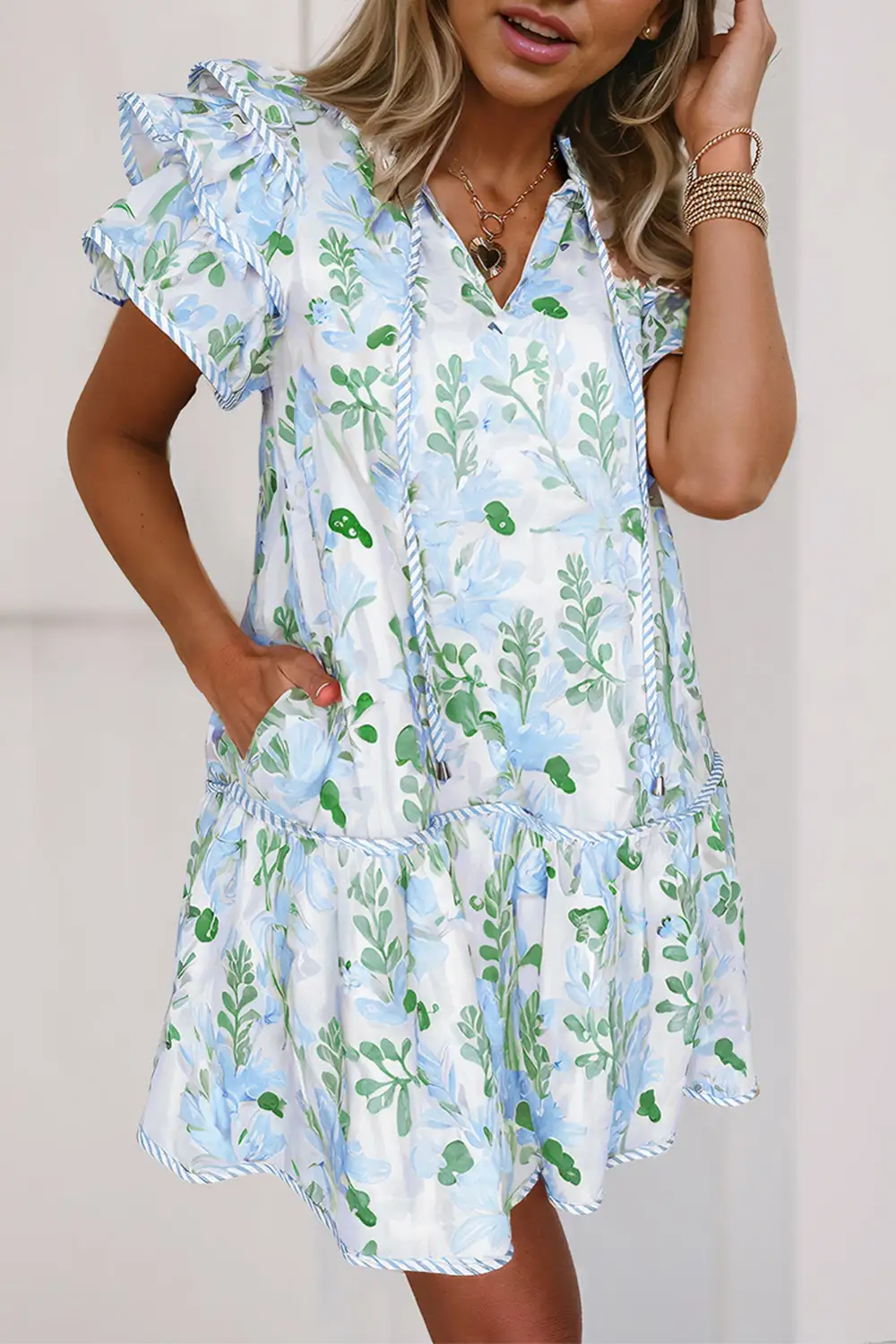 Floral Contrast Edge Layered Short Sleeve Mini Dress