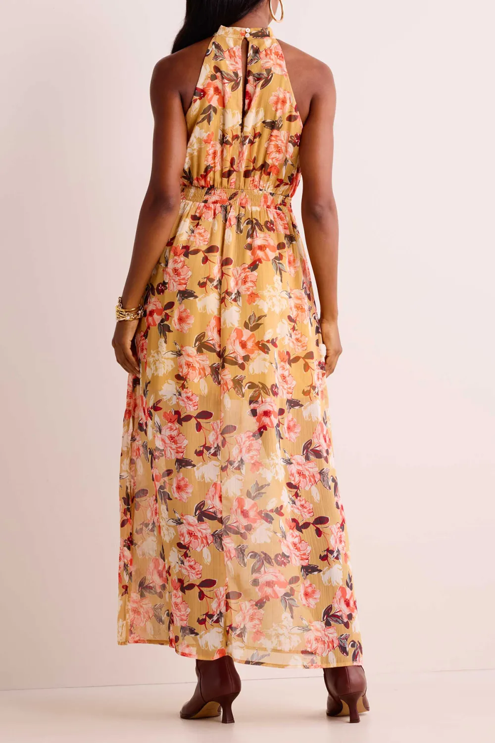 Yellow Floral Print Halter Neck Dress