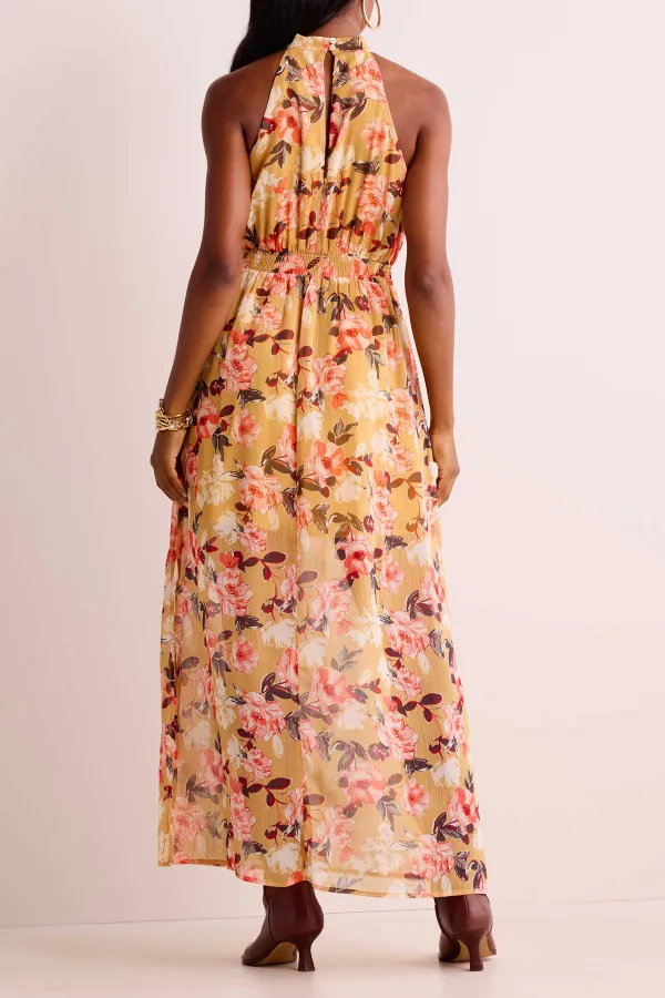 Yellow Floral Print Halter Neck Dress