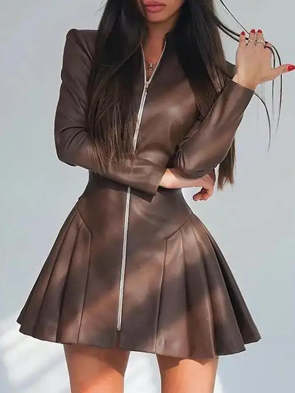 Long Sleeve Skinny Pleated Split Joint Zipper Stand Collar Mini Dress