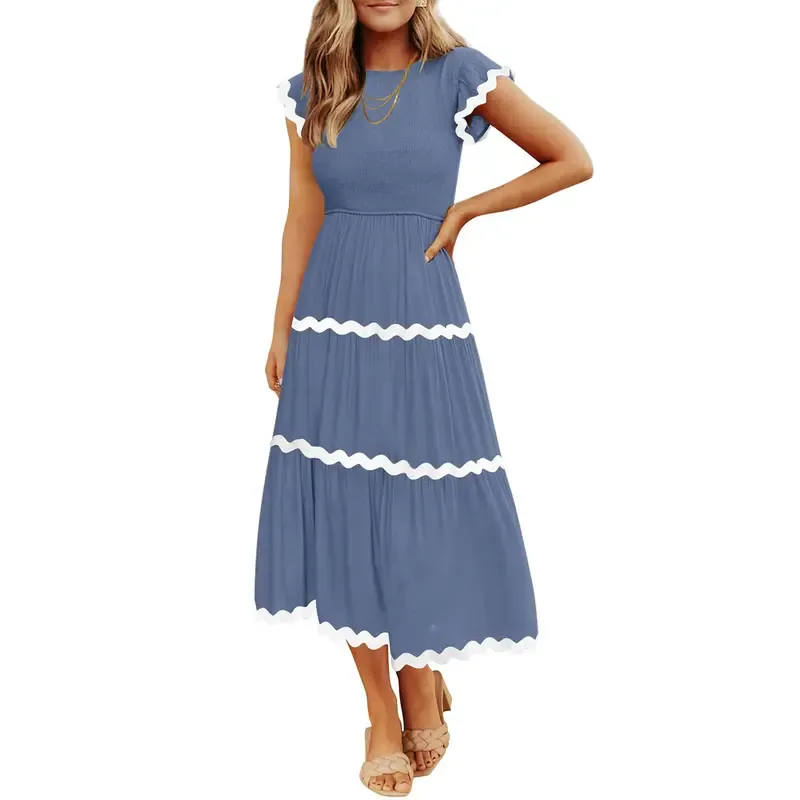 Women's Flowy Short-Sleeved Pleated Midi Dress