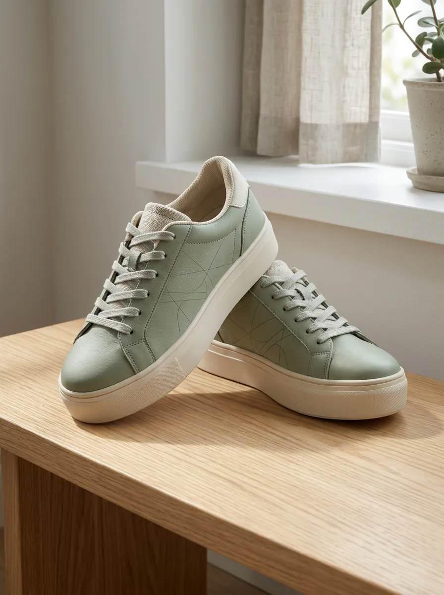 Women's Minimalist Sage Green Geometric Line Printed Sneakers