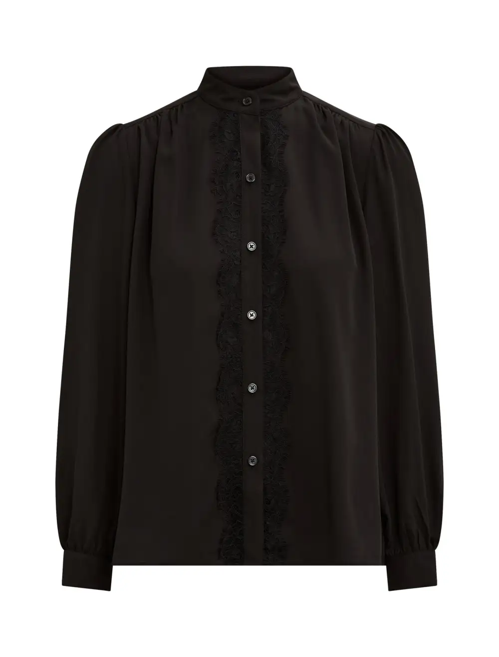 Black Lace Trim Long Sleeve Button Blouse